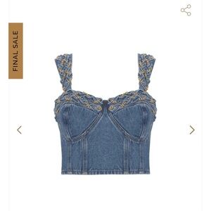PatBO Blue Denim Crop Top with Gold Chain Straps